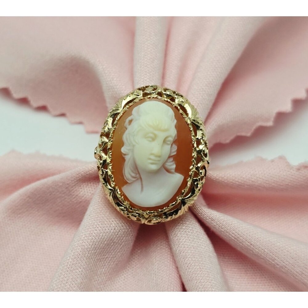 Antique Vintage 14K Yellow Gold Designer Oval Cameo Filigree Ring - Size 6.50